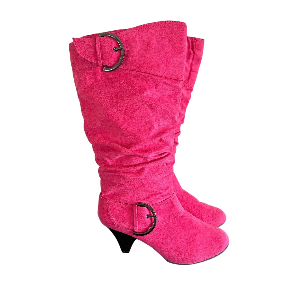 Vtg Max Collection Pink Faux Suede Slouch Boots Y2K Buckle Heel Barbiecore 11